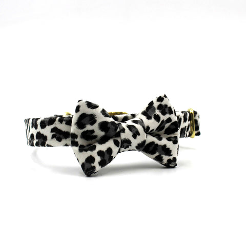 Black and white Leopard Print Bow Tie Dog Collar ~ Brass Hardware